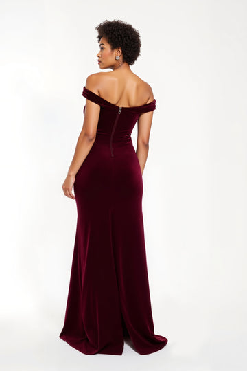 Burgundy Velvet Off The Shoulder Formal Dress with Slit